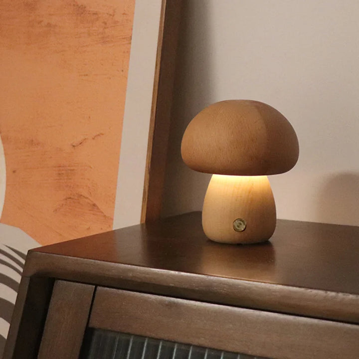 Cute Wooden Mushroom Night Light – Touch Bedside Lamp