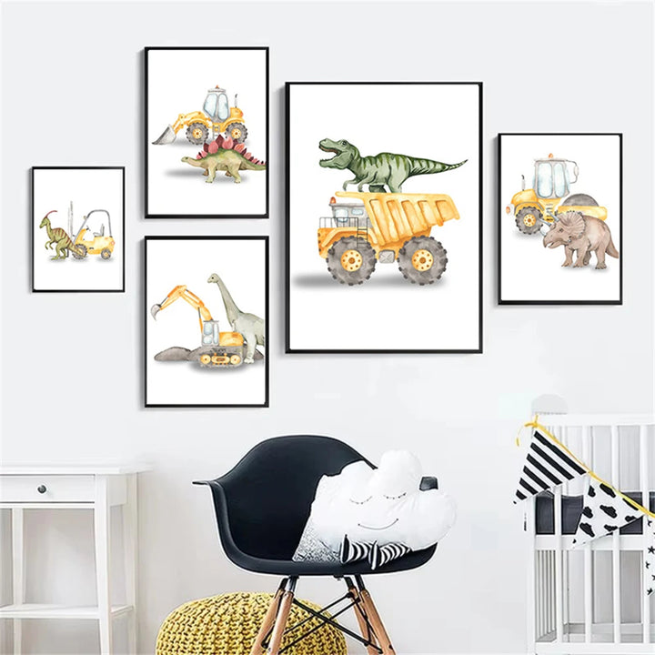 Whimsical Dinosaur Truck & Excavator Canvas Art for Kids Nursery & Boys Room Decor – Nordic Cartoon Wall Print