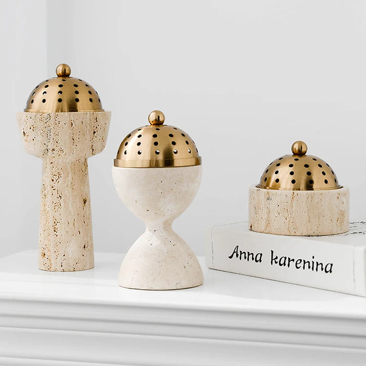 Travertine Oud & Bakhoor Burner with Brass Cover