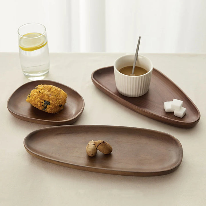 Japanese Irregular Black Walnut Wooden Tray – Handmade Dessert, Coffee & Decorative Serving Plate