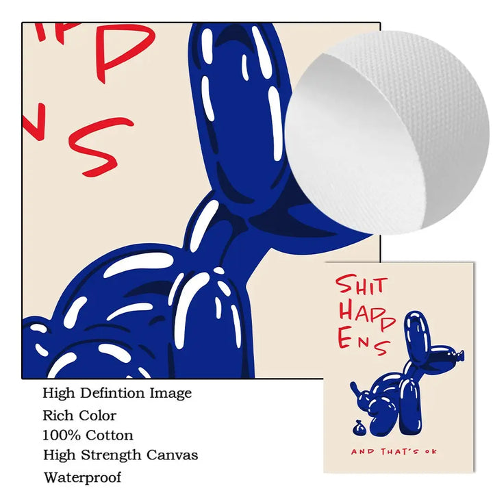 Modern Pink Balloon Dog Canvas Print – "Shit Happens and That’s OK" Quote Poster | Unframed Abstract Wall Art for Living Room & Bedroom
