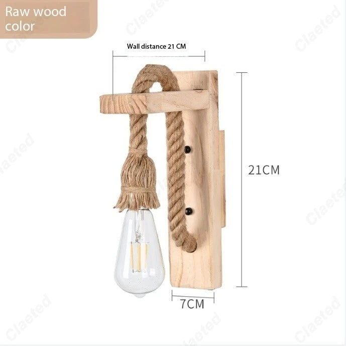 Retro LED Wall Lamp – Solid Wood & Hemp Rope Lighting