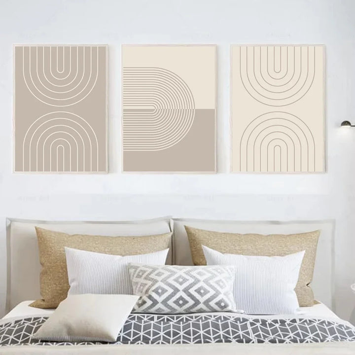 Modern Minimalist Beige Line Canvas Print – Abstract Boho Wall Art for Bedroom & Living Room | Unframed Three-Piece Poster Set