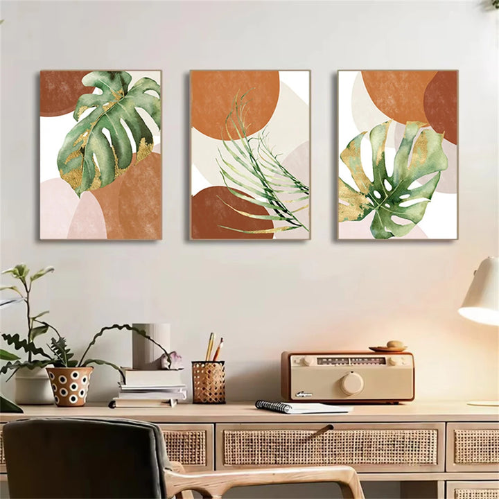 Abstract Boho Tropical Leaf Canvas Print – Brown & Green Palm Wall Art for Living Room | Unframed Modern Poster Set