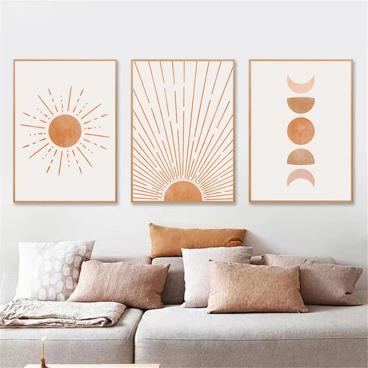 Lienzo bohemio de mediados de siglo con sol y luna: impresiones nórdicas abstractas para decoración moderna de sala de estar o dormitorio (juego de 3)