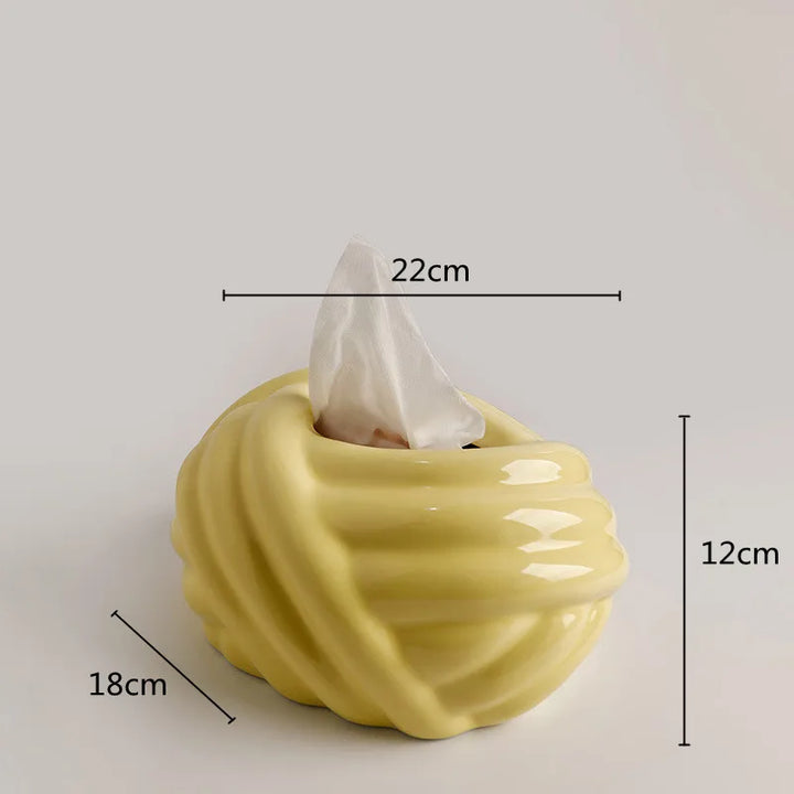 Ceramic Tissue Box with Wool Ball Accent – Modern Napkin Holder & Desk Storage Decoration