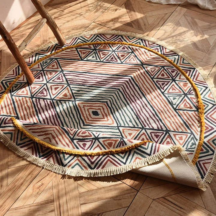 Moroccan Cotton Linen Round Rug – Geometric Floor Decor