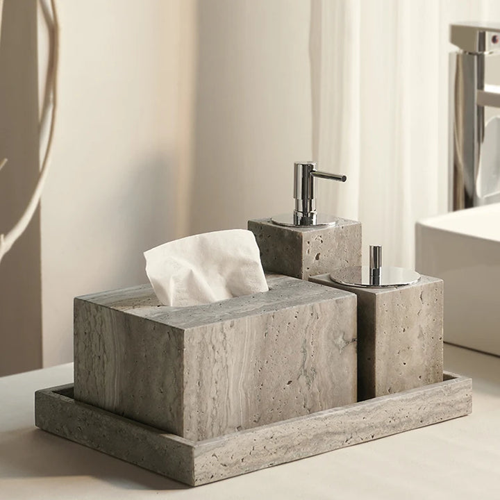 Grigio Travertine Bathroom Set – Antique Natural Stone Accessories with Soap Dispenser, Tray, Diffuser & More