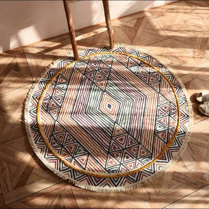 Moroccan Cotton Linen Round Rug – Geometric Floor Decor