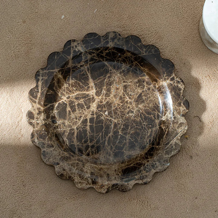 Natural Travertine Marble Tray – Scalloped Luxury Jewelry & Display Plate | Square Stone Organizer for Home & Vanity Decor