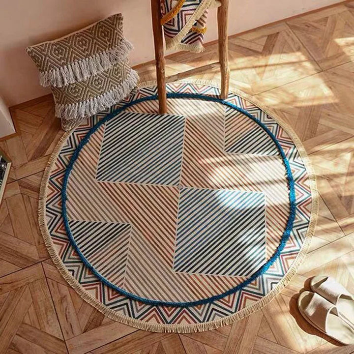 Moroccan Cotton Linen Round Rug – Geometric Floor Decor