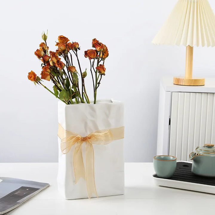 Ceramic Paper Bag Vase – Nordic Modern Home Decoration