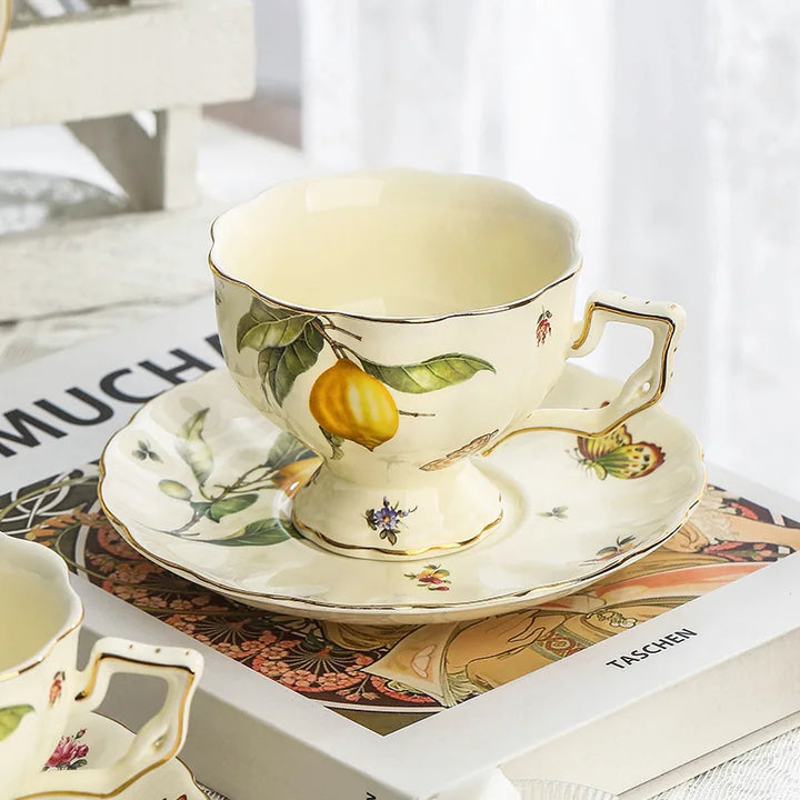 Vintage Lemon Porcelain Coffee Mug with Tray