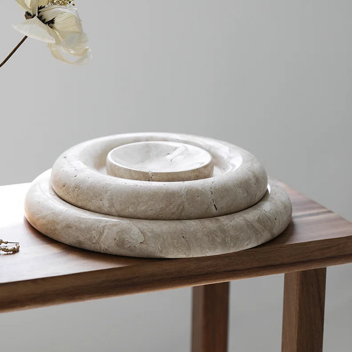Beige Travertine Round Tray – Decorative Stone Vanity Plate