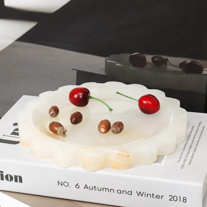 Natural Travertine Marble Tray – Scalloped Luxury Jewelry & Display Plate | Square Stone Organizer for Home & Vanity Decor