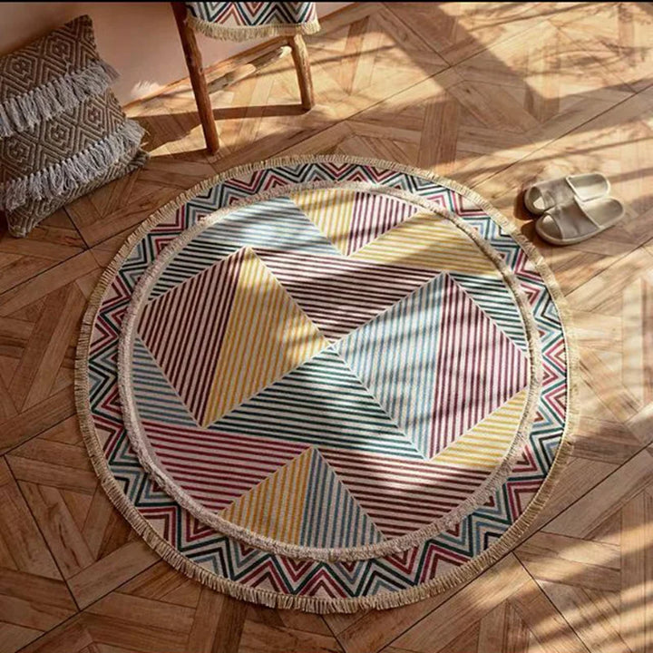 Moroccan Cotton Linen Round Rug – Geometric Floor Decor