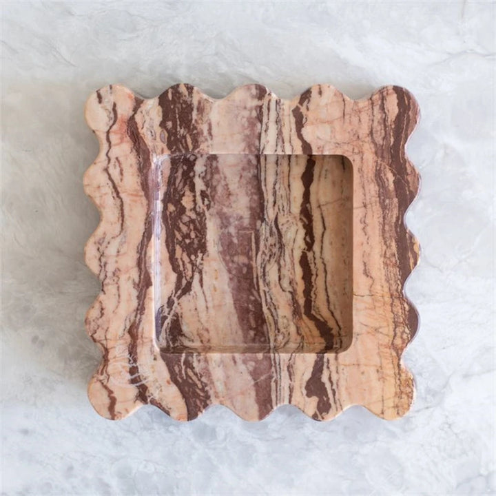 Natural Travertine Marble Tray – Scalloped Luxury Jewelry & Display Plate | Square Stone Organizer for Home & Vanity Decor