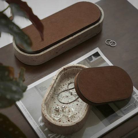 Vintage Travertine Jewelry Box – Leather Covered Stone Container