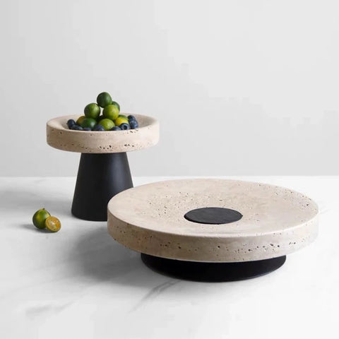 Beige Travertine Tray with Metal Base – Vintage Stone Stand