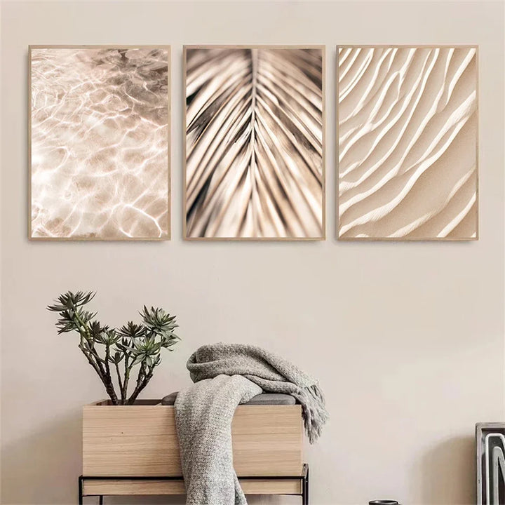 Nordic Beige Palm Leaf Canvas – Modern Wall Art Trio