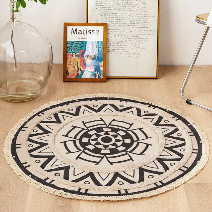 Moroccan Cotton Linen Round Rug – Geometric Floor Decor