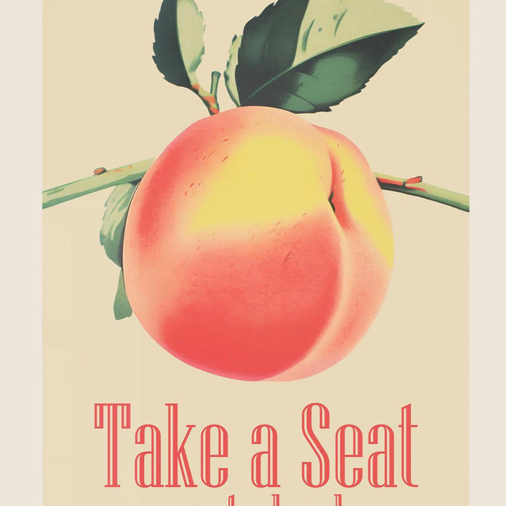 Funny Retro Bathroom Wall Art – “Take A Seat Sweet Cheeks” Canvas Print | Quirky Toilet Decor with Strawberry & Peach Design  2. Descrição Otimizada