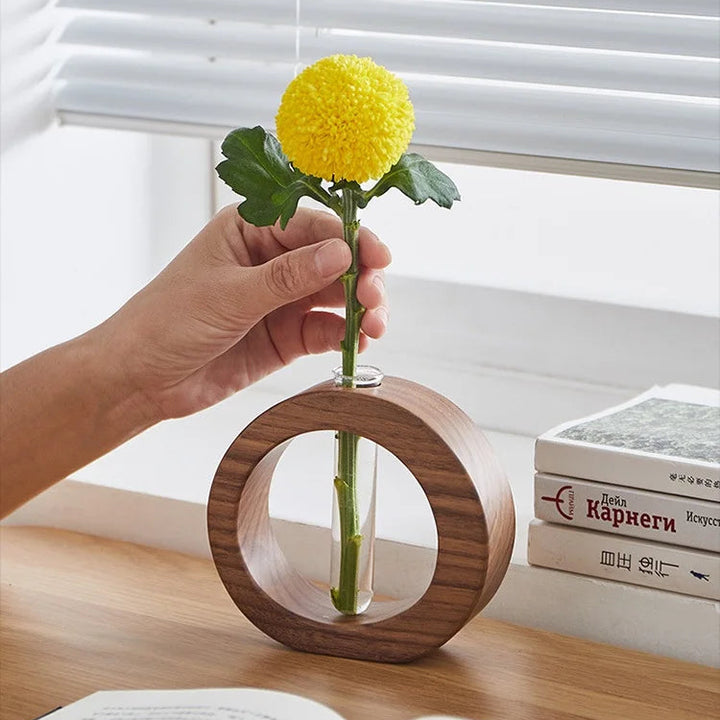Transparent Hydroponic Glass Vase with Wooden Stand