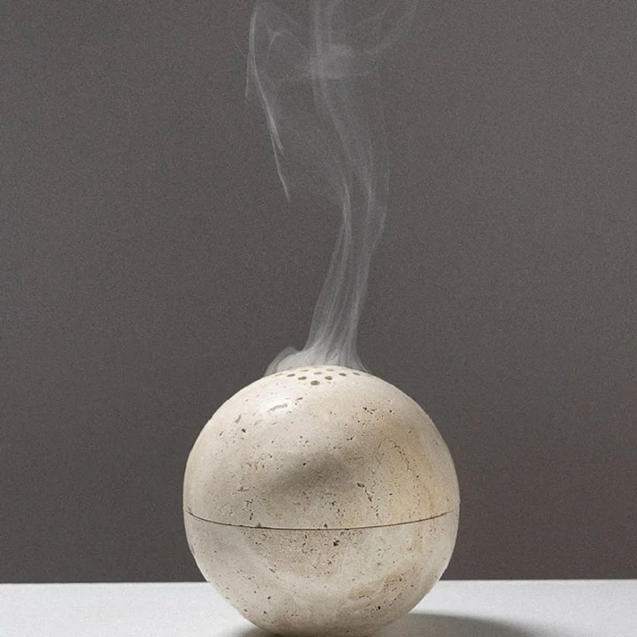 Beige Travertine Sphere Incense Burner – Natural Marble Mubkhar for Aromatherapy, Meditation & Home Decor | 10.5cm Handcrafted Stone Ornament