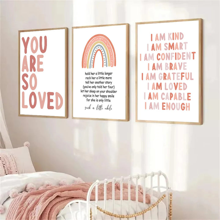 Pink Rainbow Quote Canvas Print – Cartoon Nursery Wall Art for Baby Girls | Unframed Nordic Poster Set for Kids Room Decor