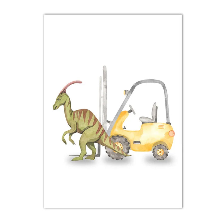 Whimsical Dinosaur Truck & Excavator Canvas Art for Kids Nursery & Boys Room Decor – Nordic Cartoon Wall Print