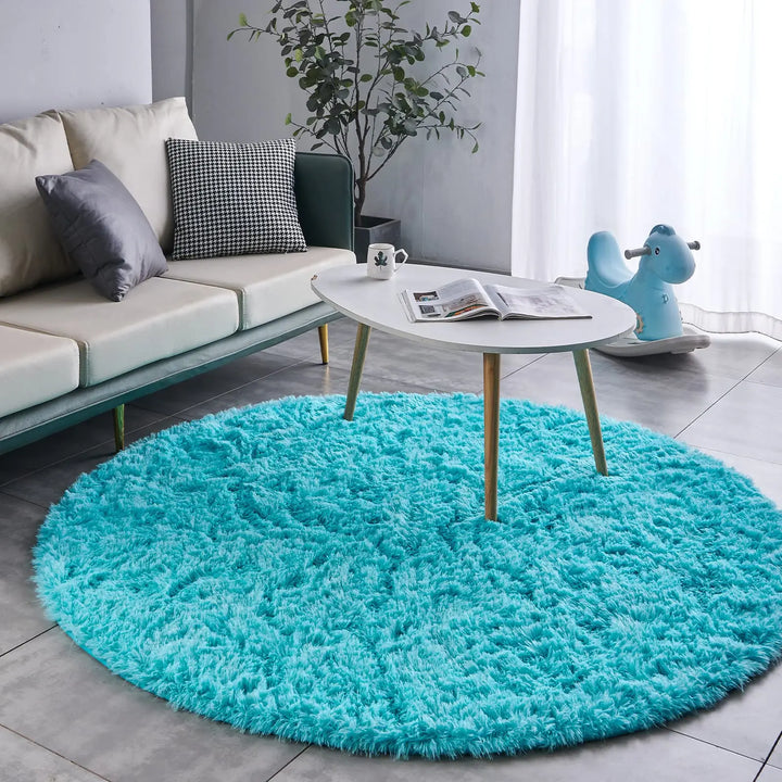 Round Plush Carpet – Gray Fluffy Area Rug for Living Room