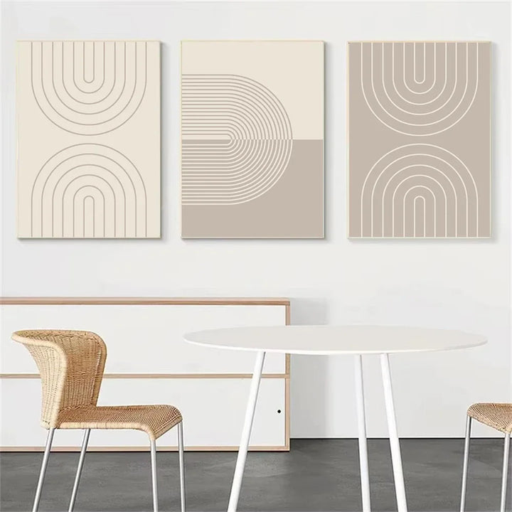 Modern Minimalist Beige Line Canvas Print – Abstract Boho Wall Art for Bedroom & Living Room | Unframed Three-Piece Poster Set