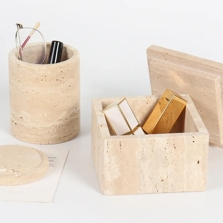 Natural Travertine Marble Storage Box – Decorative Bathroom Organizer for Jewelry, Cotton Swabs & Vanity Essentials