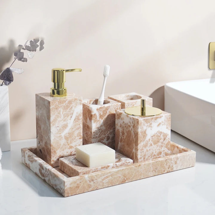 Coral Pink Marble Bathroom Set – 7-Piece Natural Stone Accessories | Soap Dispenser, Toothbrush Holder, Tissue Box, Tray & More
