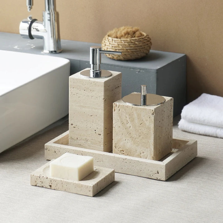 Beige Travertine Marble Bathroom Set – 9-Piece Natural Stone Accessories with Soap Dispenser, Diffuser, Tray & More