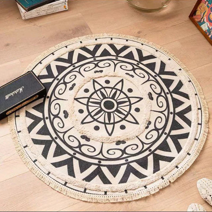 Moroccan Cotton Linen Round Rug – Geometric Floor Decor