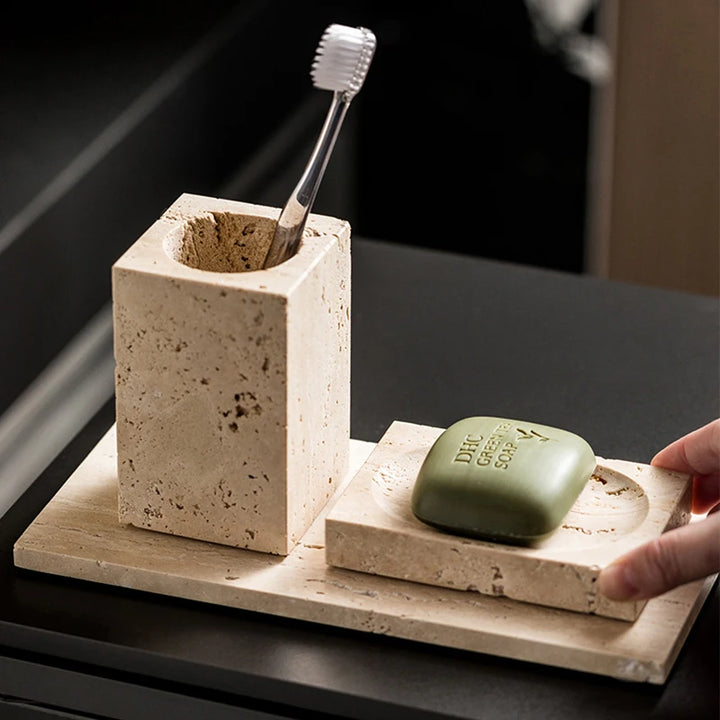 Beige Travertine Marble Bathroom Set – Luxury 9-Piece Natural Stone Accessories
