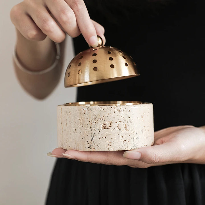 Travertine Oud & Bakhoor Burner with Brass Cover