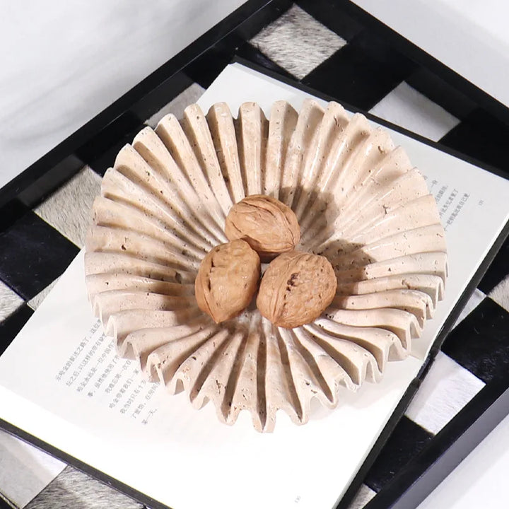 Handcrafted Travertine Ruffle Bowl – Fluted Marble Centerpiece for Kitchen, Living Room, Fruit, Jewelry & Home Decor