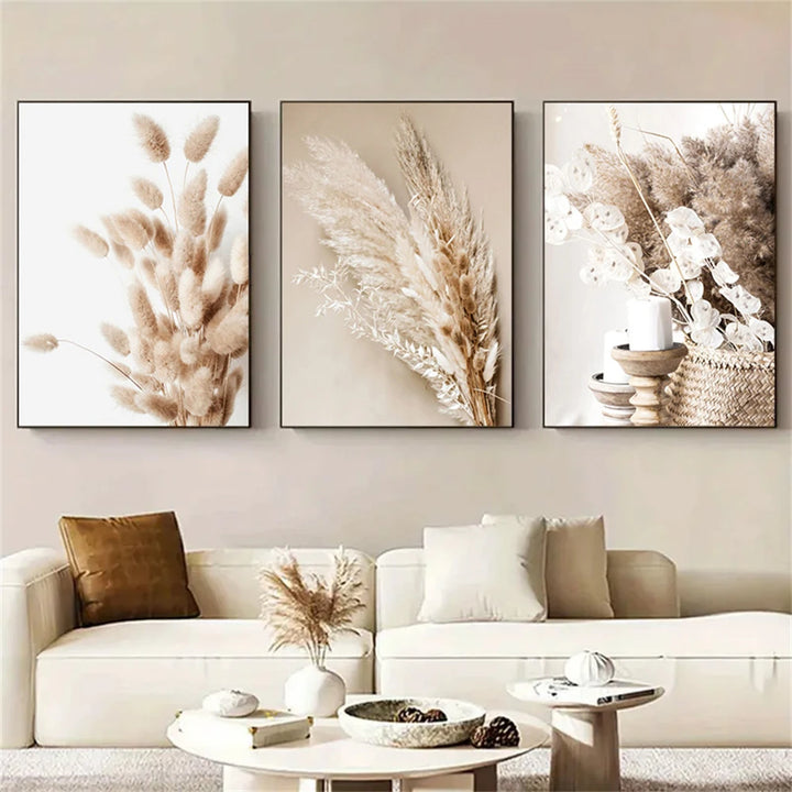 Lienzo decorativo de hierba de la pampa beige: impresiones nórdicas botánicas bohemias para decoración moderna de sala de estar o dormitorio (juego de 3)