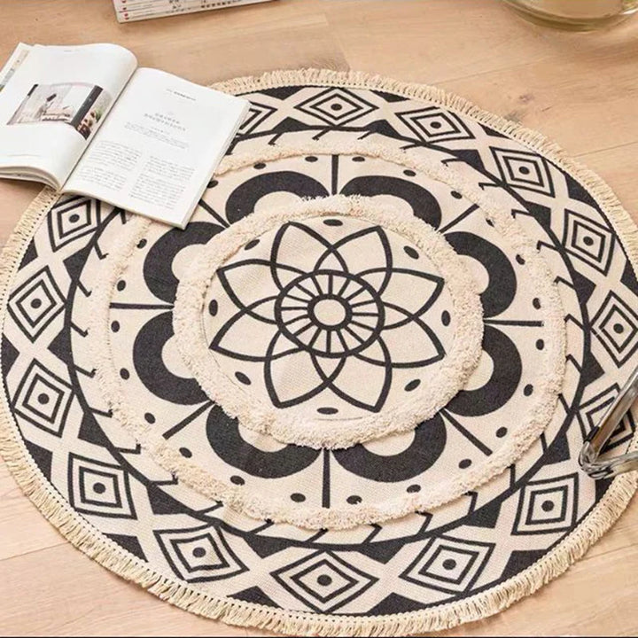 Moroccan Cotton Linen Round Rug – Geometric Floor Decor