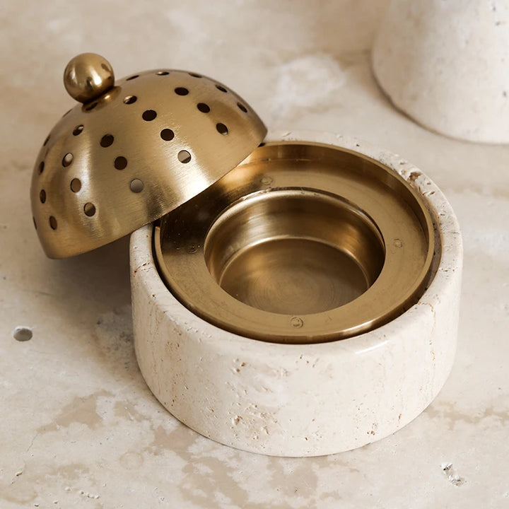 Travertine Oud & Bakhoor Burner with Brass Cover