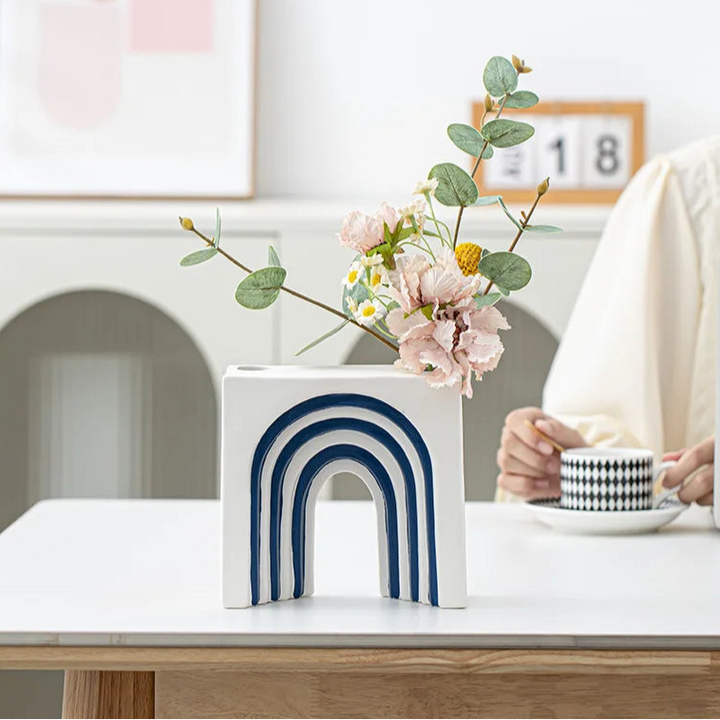 Blue and White Striped Ceramic Vase – Modern Decor