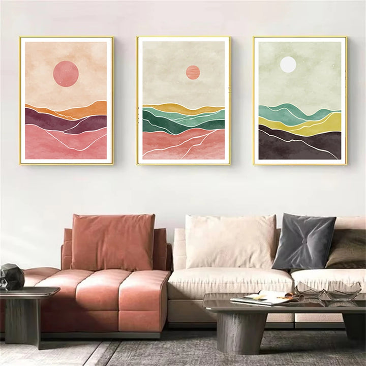 Boho Sunrise Landscape Canvas Print – Abstract Green & Orange Mountain Sun Wall Art for Living Room | Unframed Modern Poster Decor