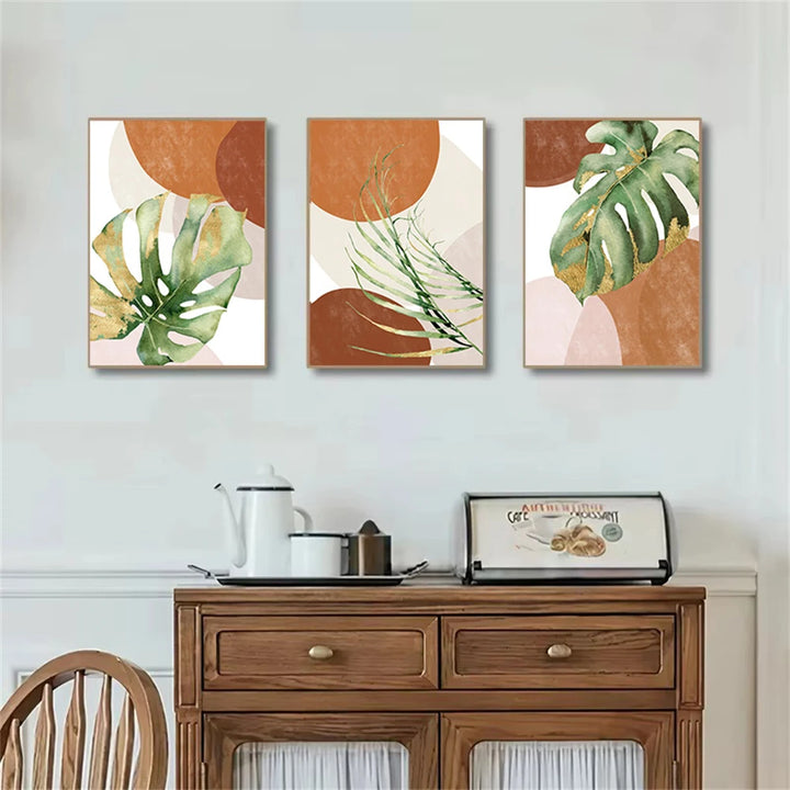 Abstract Boho Tropical Leaf Canvas Print – Brown & Green Palm Wall Art for Living Room | Unframed Modern Poster Set