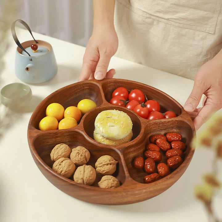 Acacia Wood Snack Plate – Solid Wood Multi-Compartment Tray for Dried Fruit, Nuts, Salad | Rustic Chinese Style Serving Bowl