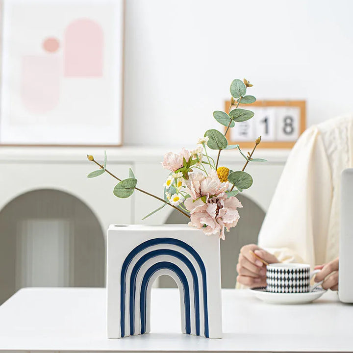 Blue and White Striped Ceramic Vase – Modern Decor