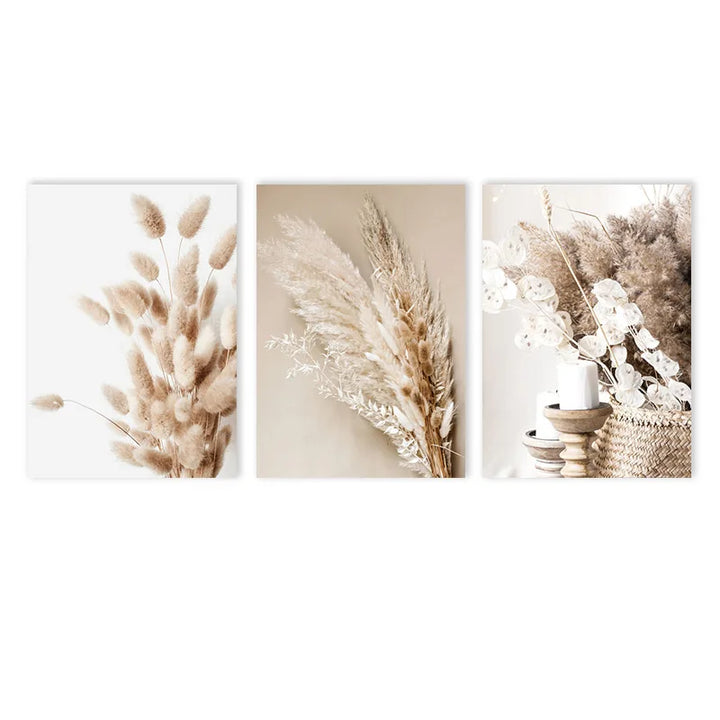 Lienzo decorativo de hierba de la pampa beige: impresiones nórdicas botánicas bohemias para decoración moderna de sala de estar o dormitorio (juego de 3)