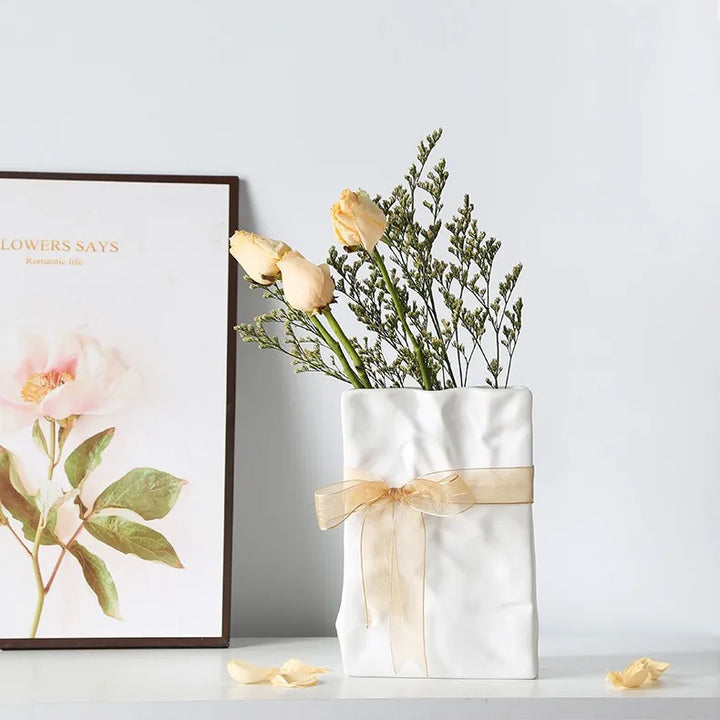 Ceramic Paper Bag Vase – Nordic Modern Home Decoration
