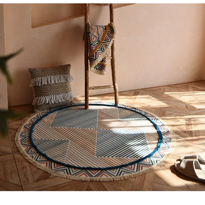 Moroccan Cotton Linen Round Rug – Geometric Floor Decor